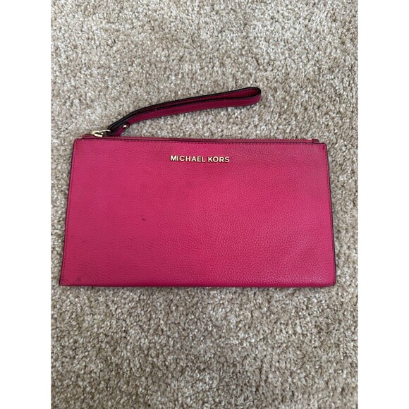 Michael Kors MK Large Clutch Zip Wristlet Wallet – Pink Pebbled Leather – Gold - Picture 1 of 6
